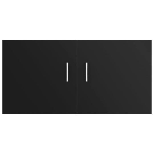 Wall-mounted black cabinet with two sleek doors and modern handles, ideal for stylish storage and display.