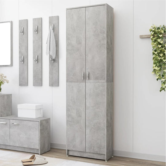 Hallway wardrobe in concrete grey, engineered wood, organized storage for clothes and essentials in stylish design.