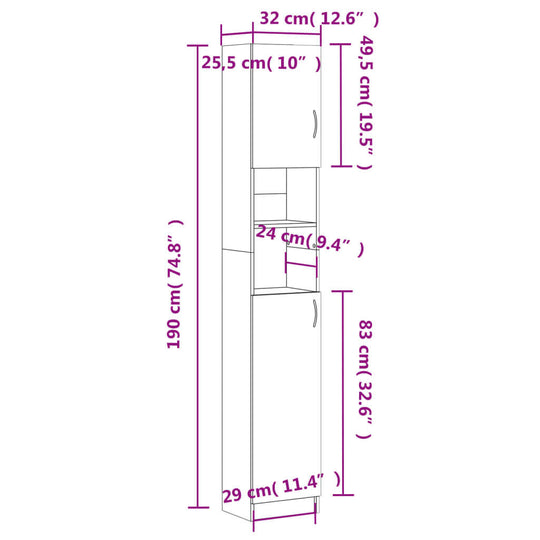 Bathroom Cabinet 32x25.5x190 cm Engineered Wood dimensions and features diagram.