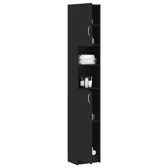 Sleek black bathroom cabinet with four shelves and two open storage spaces, perfect for organized bathroom storage.