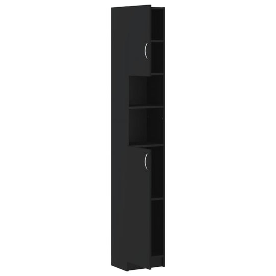 Tall black bathroom cabinet with two doors and four shelves, made of engineered wood for optimal storage space.