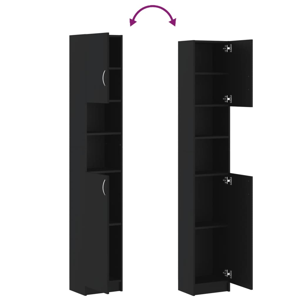 Black bathroom cabinet with 4 shelves and 2 open shelves, showcasing a sleek design for optimal storage.