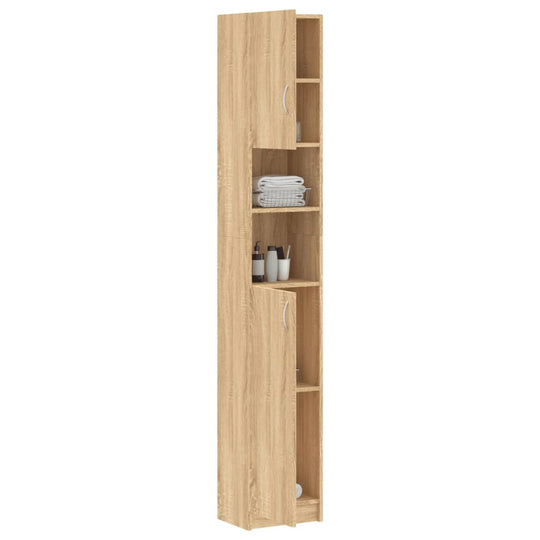 Bathroom cabinet in Sonoma Oak finish with 4 shelves and 2 doors, offering stylish storage for toiletries and towels.