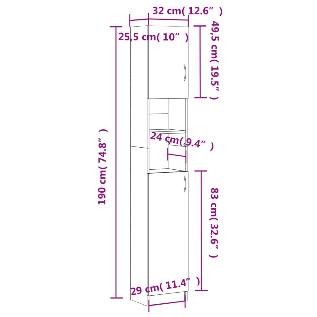 Bathroom cabinet dimensions diagram showing height 190 cm, width 32 cm, depth 25.5 cm, with shelf options.