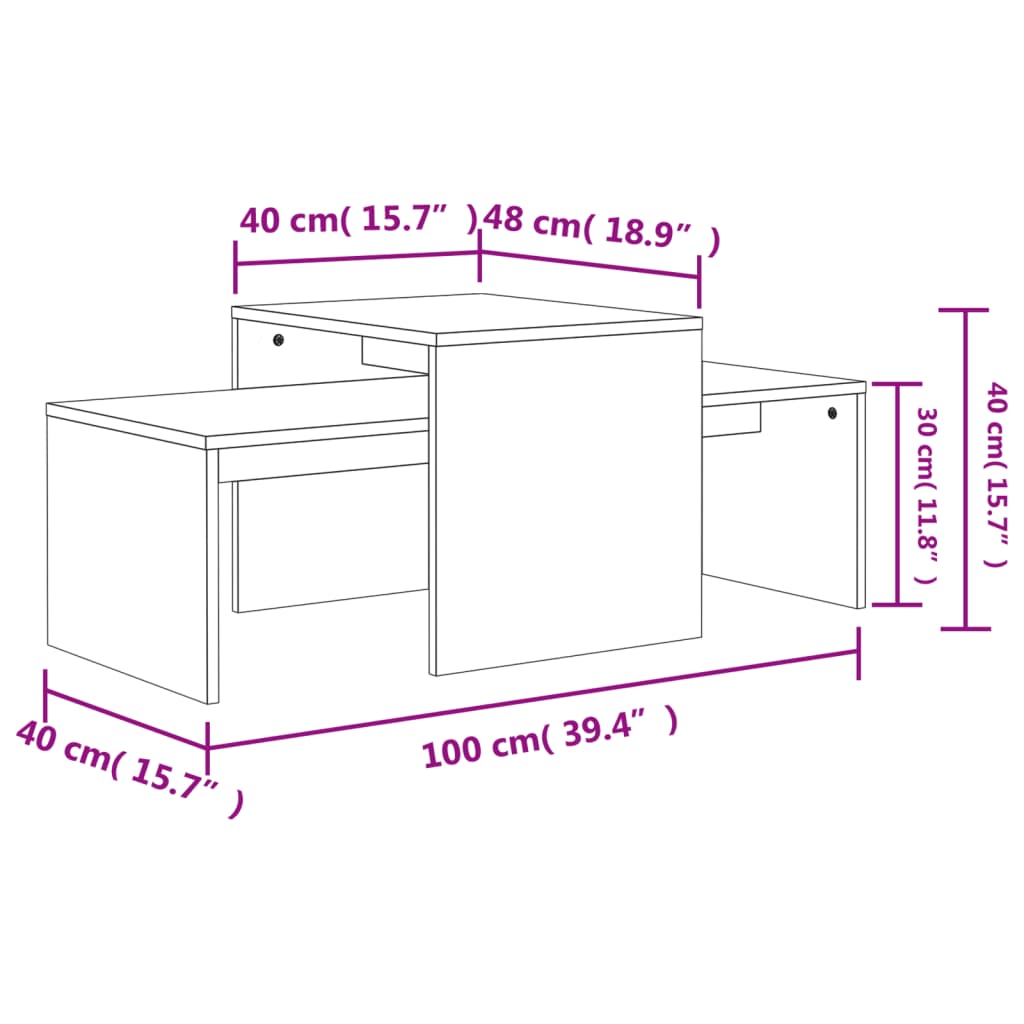 Dimensions of a concrete grey coffee table set made from engineered wood, measuring 100x48x40 cm, ideal for versatile home use.