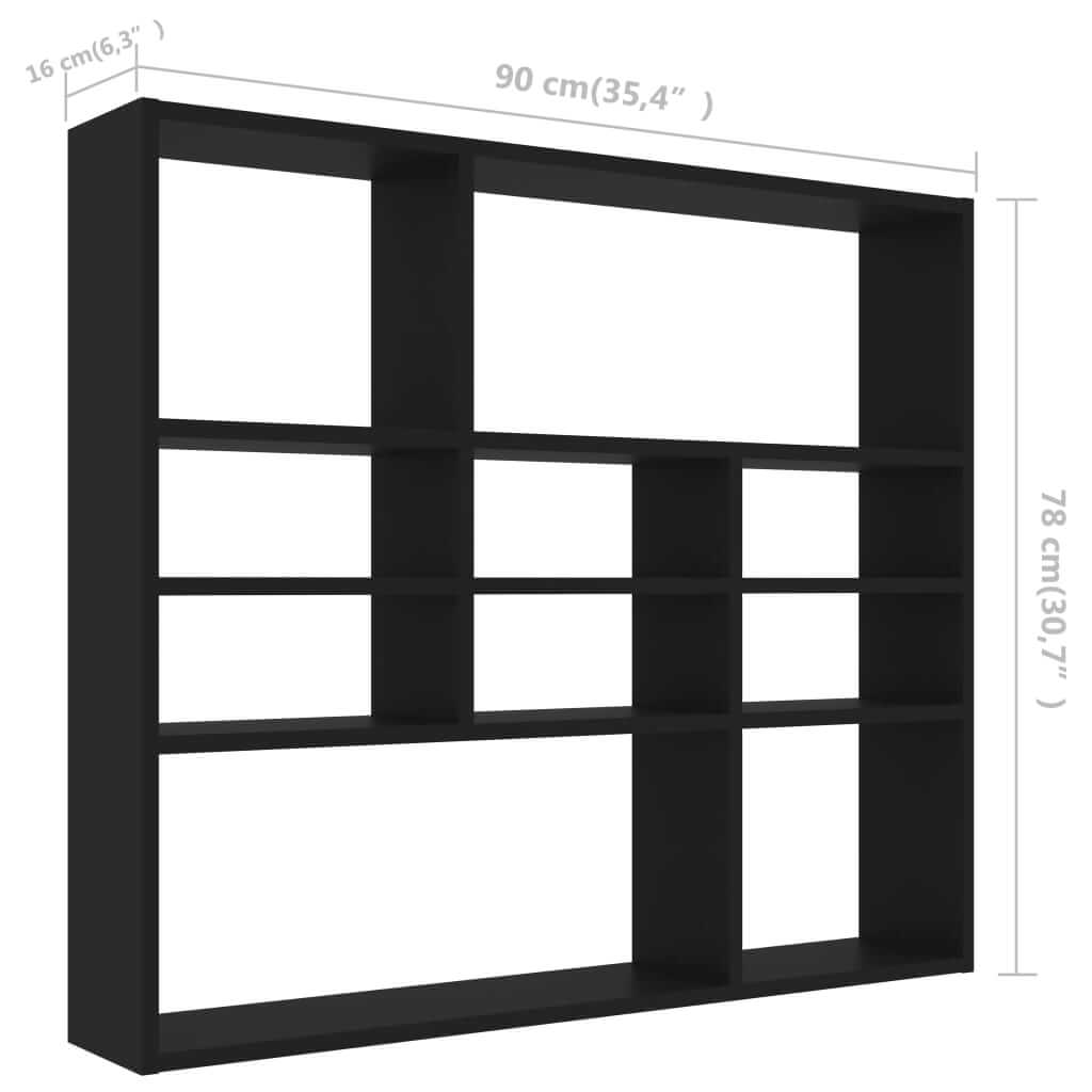 Black engineered wood wall shelf with 10 compartments, dimensions 90x16x78 cm, ideal for displaying decor and essentials.