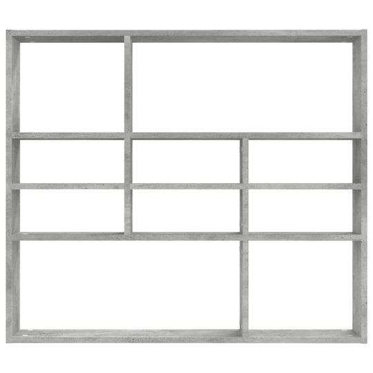 Concrete grey wall shelf with 10 open compartments for displaying books and decor, measuring 90x16x78 cm.