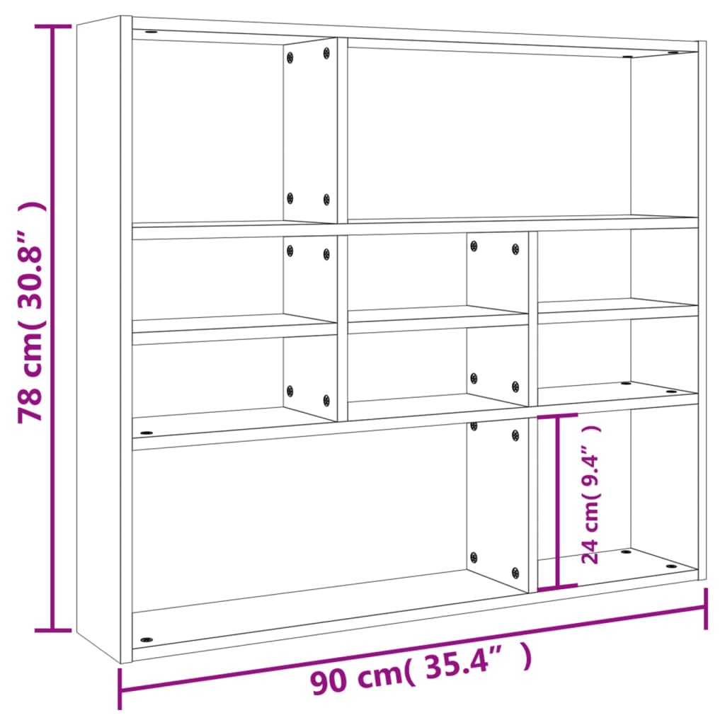 Wall shelf dimensions showing 90x16x78 cm design with 10 compartments for storage and display, in concrete grey engineered wood.