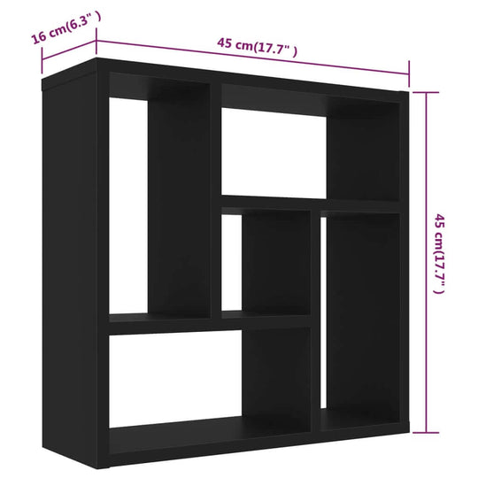 Wall shelf in black with five compartments, dimensions 45.1x16x45.1 cm, made from engineered wood for decorative storage.