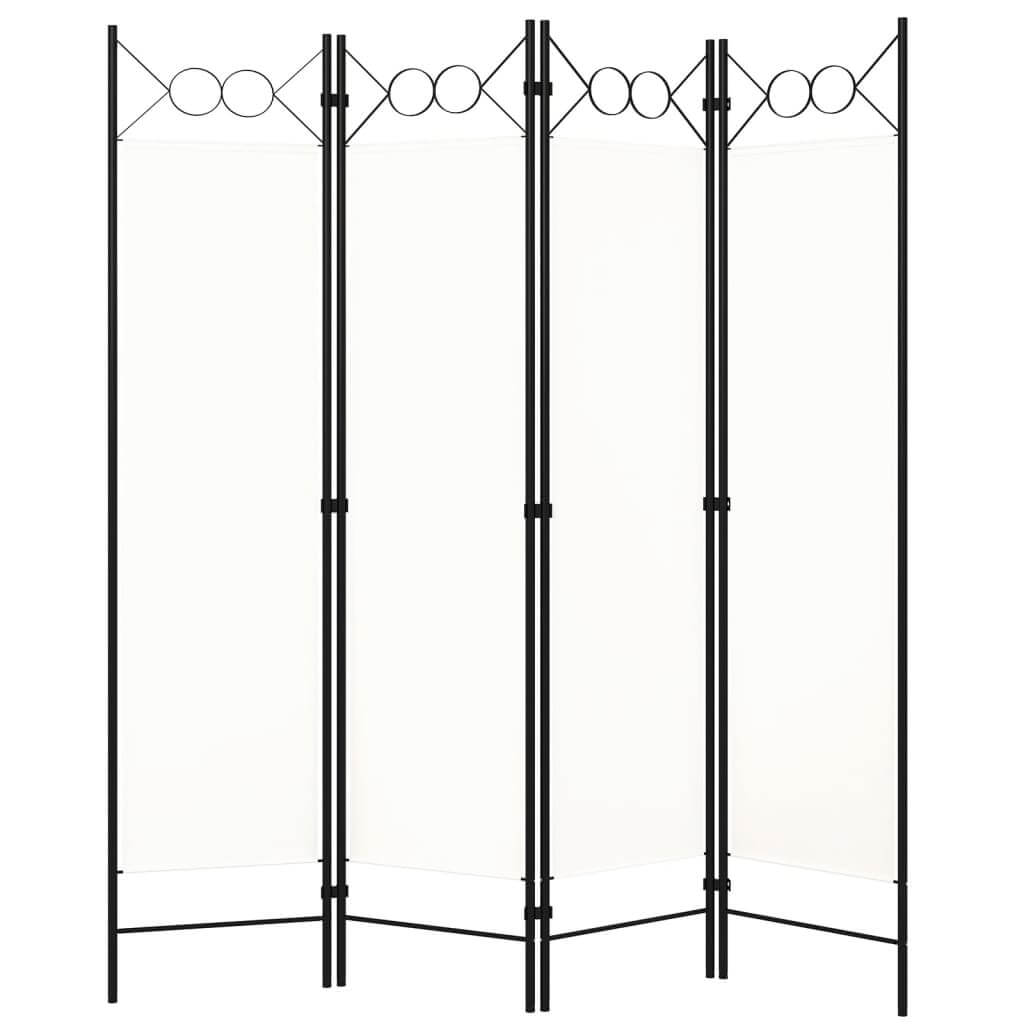 4-panel white room divider with circle design, made of powder-coated iron for privacy in outdoor furniture settings.