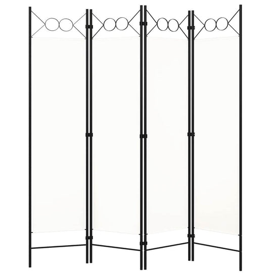 4-panel white room divider with circle design, made of powder-coated iron for privacy in outdoor furniture settings.