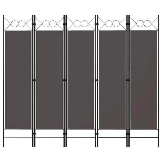 5-panel anthracite room divider with circle design for privacy, made of powder-coated iron and fabric, ideal for home and outdoor furniture.