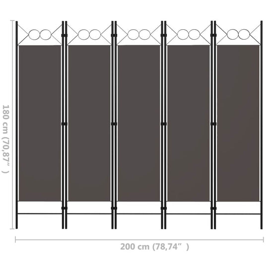 5-panel room divider in anthracite color, dimensions 200x180 cm, featuring a stylish circle design for elegance and privacy.