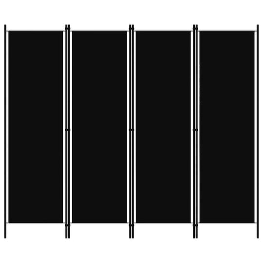 4-panel black room divider made of fabric and iron, ideal for privacy and decoration in living spaces.