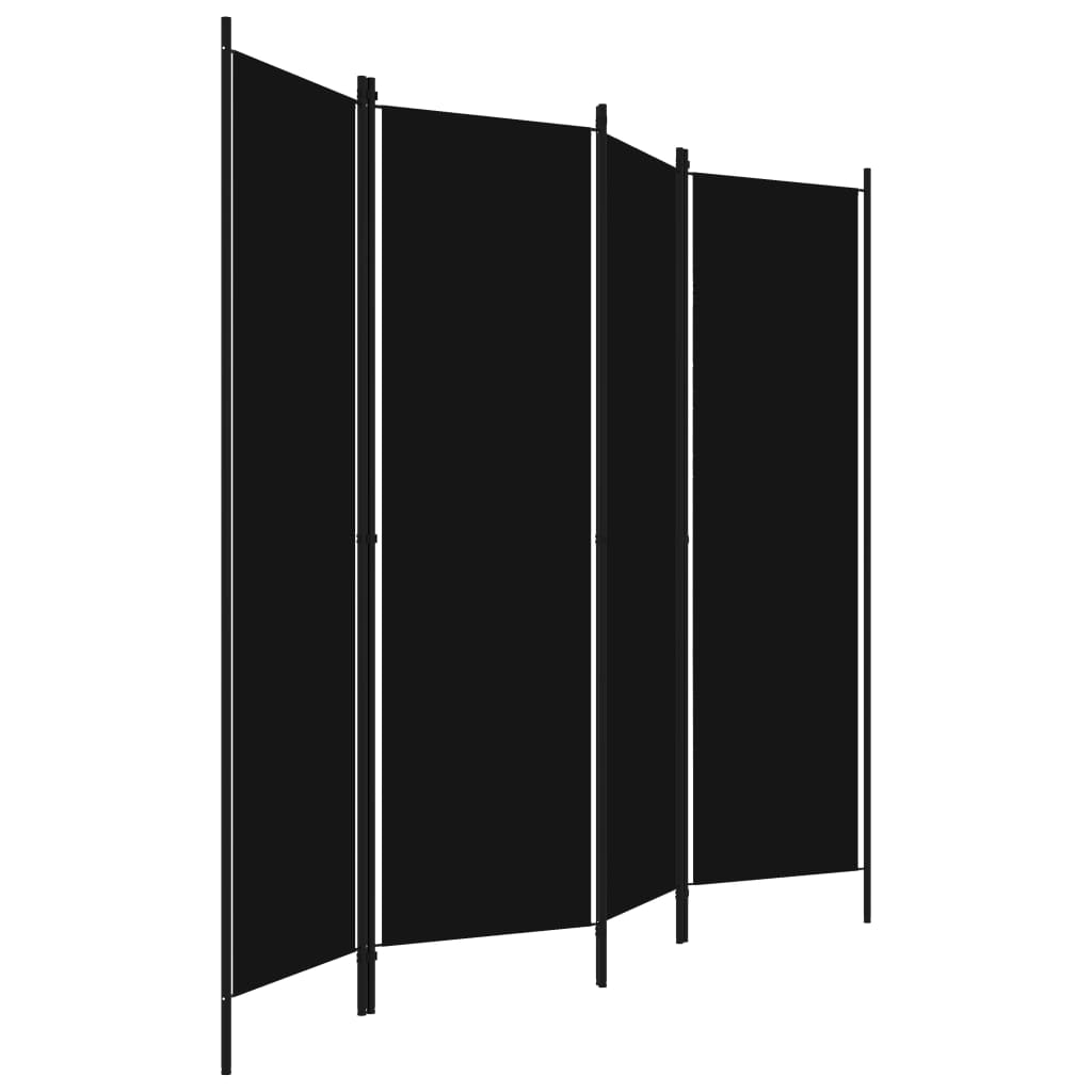 4-panel black room divider, freestanding privacy screen made of powder-coated iron and fabric, perfect for decoration or separation.