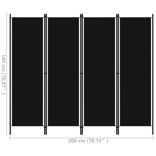 4-panel black room divider dimensions 200x180 cm, ideal for privacy and decoration in lounge or bedroom settings.