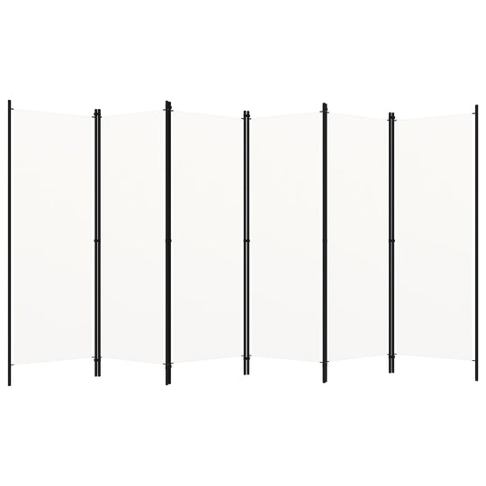 6-Panel Room Divider 300x180 cm, freestanding partition with white fabric screens and black iron frame.