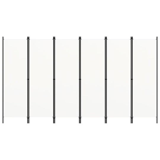 6-Panel Room Divider 300x180 cm with a white fabric screen and black powder-coated iron frame.