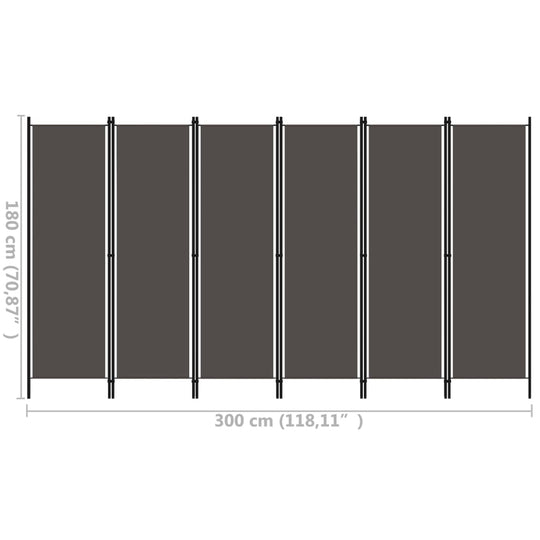 6-panel room divider in anthracite color, 300x180 cm dimensions, ideal for privacy and decoration in living spaces.