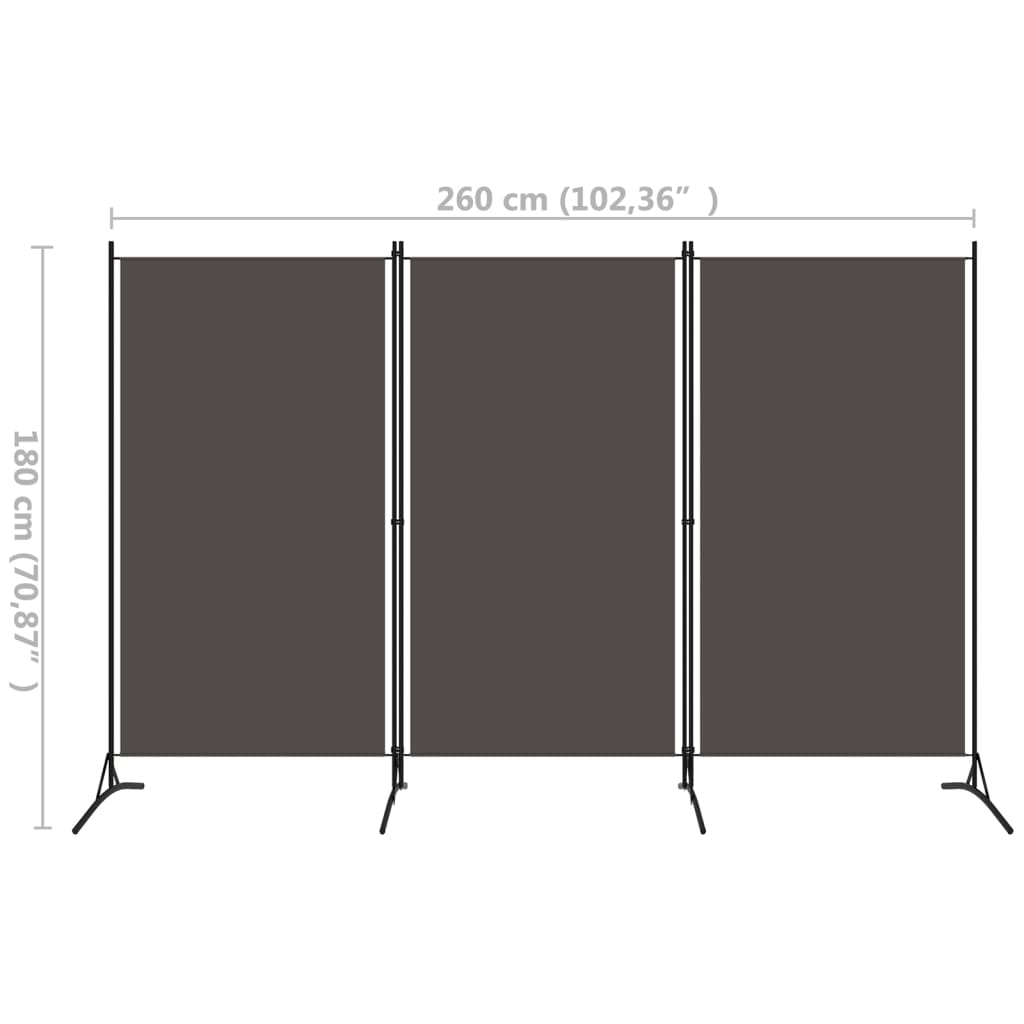3-Panel Room Divider Anthracite 260x180 cm dimensions, modern separation solution for home or office.