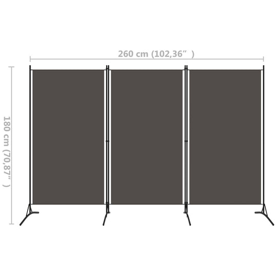 3-Panel Room Divider Anthracite 260x180 cm dimensions, modern separation solution for home or office.