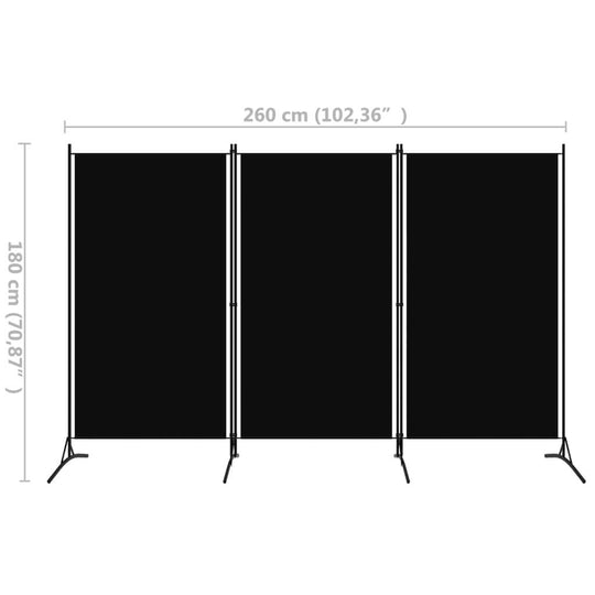 Black 3-panel room divider dimensions 260x180 cm, ideal for privacy and decoration in any space.