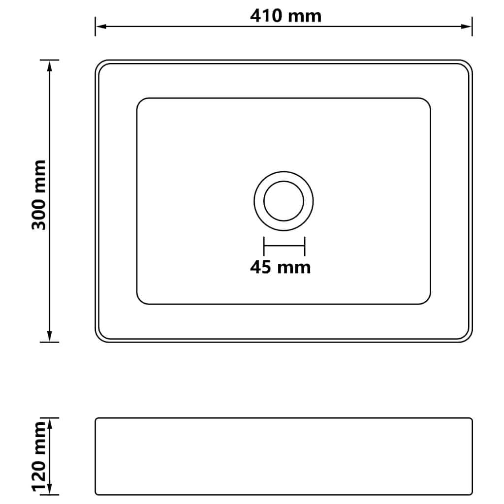 Dimensions diagram of a luxury matte black ceramic wash basin, measuring 41x30x12 cm with a central drain hole.