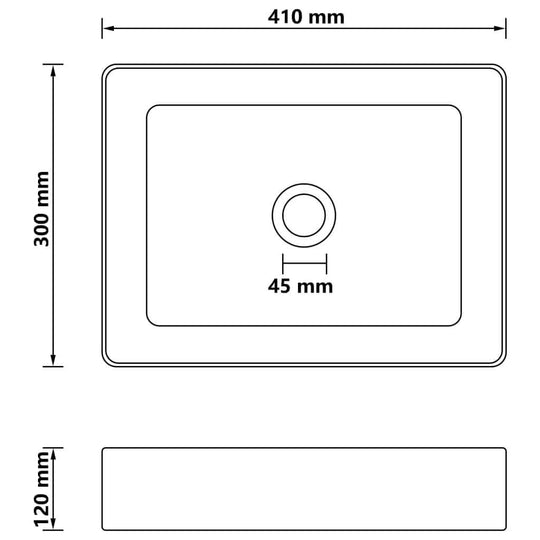 Dimensions diagram of a luxury matte black ceramic wash basin, measuring 41x30x12 cm with a central drain hole.