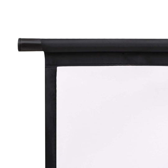 Close-up of the top edge of a 100" projection screen with a black frame, ideal for home theatres and presentations.