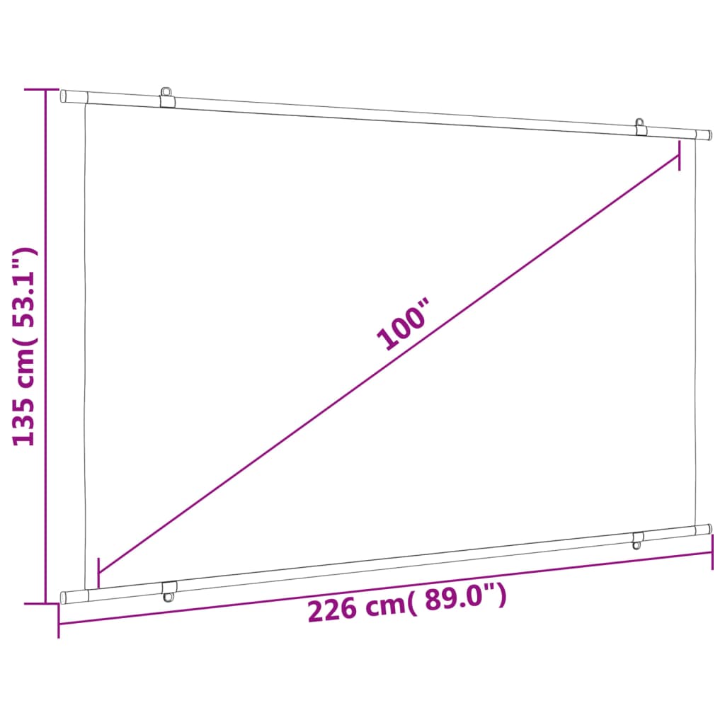 100-inch projection screen dimensions showing 226 cm width and 135 cm height for classroom or home theater use.