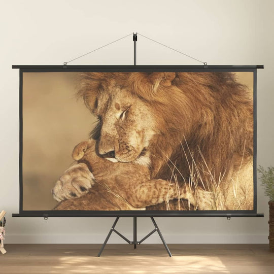 Lion and cub on a projection screen, showcasing a heartwarming moment in a natural setting.