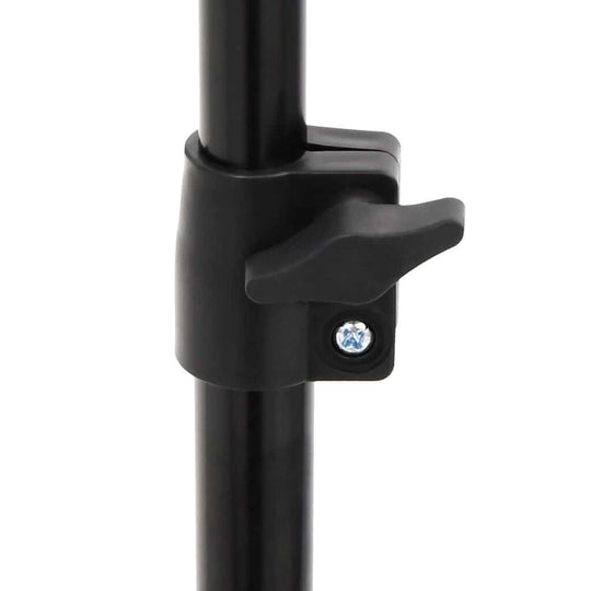 Close-up of height-adjustable tripod locking mechanism for projection screen support.