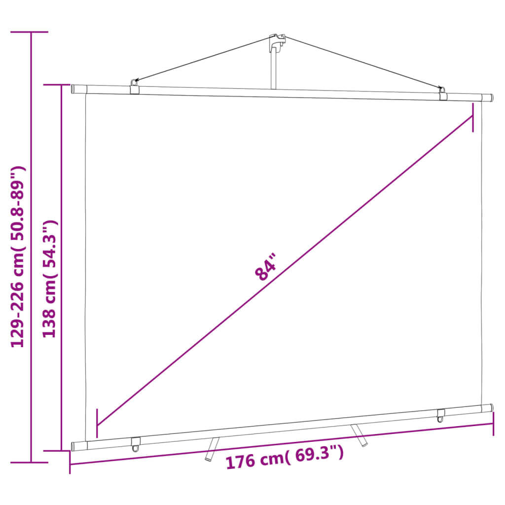 Dimensions of an 84-inch projection screen with tripod, showcasing height-adjustable features and overall measurements.