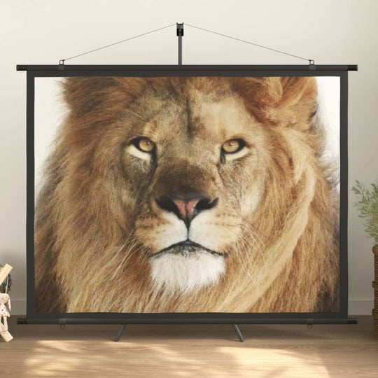 Projection screen displaying a close-up of a lion's face, suitable for presentations and home theater use.