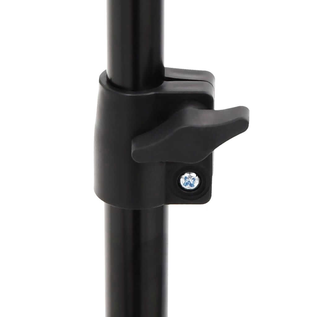 close-up of the adjustable locking mechanism on a black tripod for projection screens