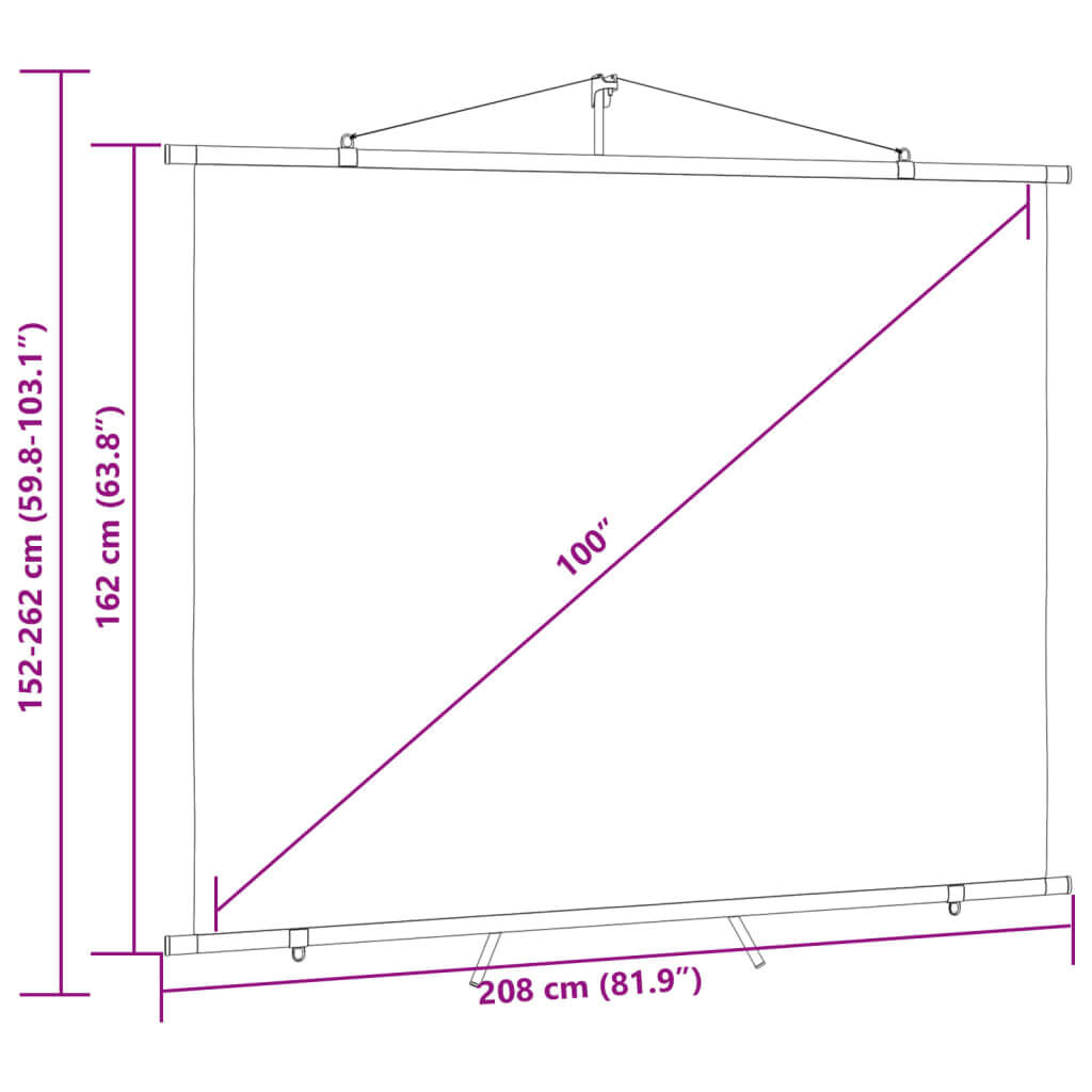 Projection screen dimensions with adjustable height and 100-inch diagonal for versatile use in various settings.