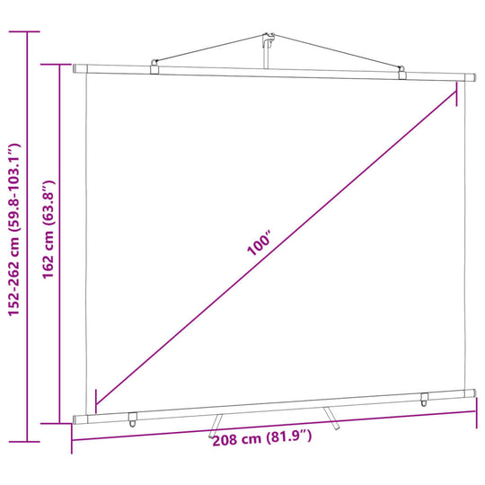 Projection screen dimensions with adjustable height and 100-inch diagonal for versatile use in various settings.