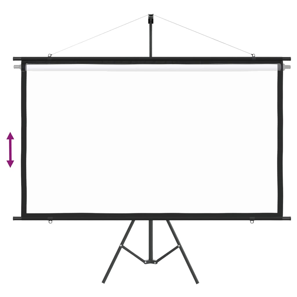 Adjustable tripod projection screen 84" 16:9, ideal for home theatre, classrooms, and presentations, showcasing matte white surface.