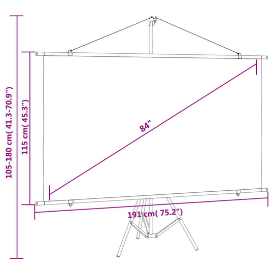 Projection screen dimensions 84" with tripod, adjustable height, ideal for home theatre, classrooms, and presentations.