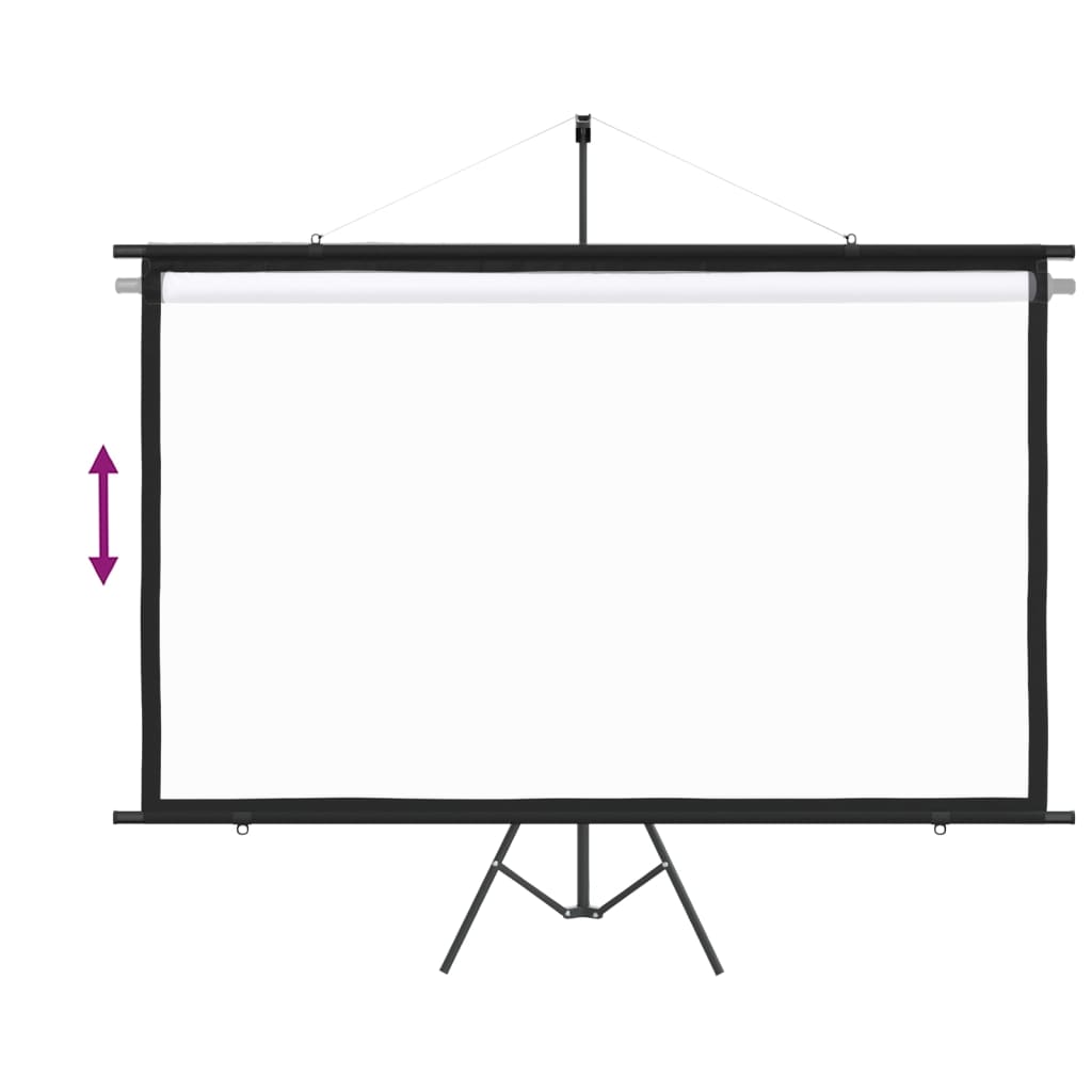 Projection screen with adjustable tripod for versatile use in classrooms and presentations, featuring a matte white viewing surface.