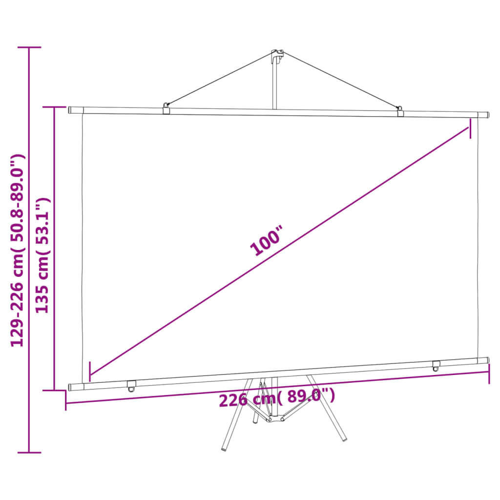 Dimensions of a 100-inch tripod projection screen, showing height-adjustable features and viewing size in centimeters and inches.