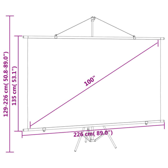 Dimensions of a 100-inch tripod projection screen, showing height-adjustable features and viewing size in centimeters and inches.