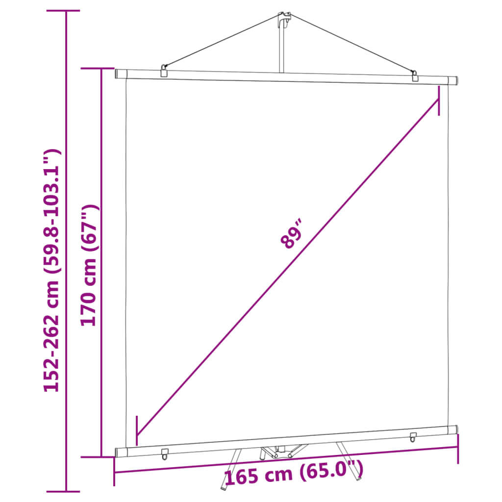 Projection screen dimensions showing 89" diagonal, height-adjustable from 152-262 cm, ideal for various presentation settings.