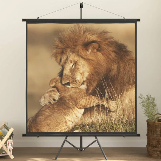 Lion and cub in an emotional embrace on a wall-mounted projection screen. Perfect for animal lovers and decor.