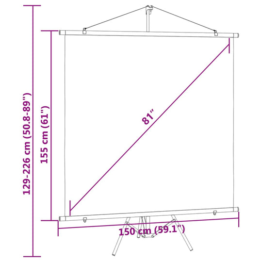 Dimensions of projection screen with tripod: 81" diagonal, height adjustable from 129 to 226 cm, width 150 cm. Ideal for presentations.