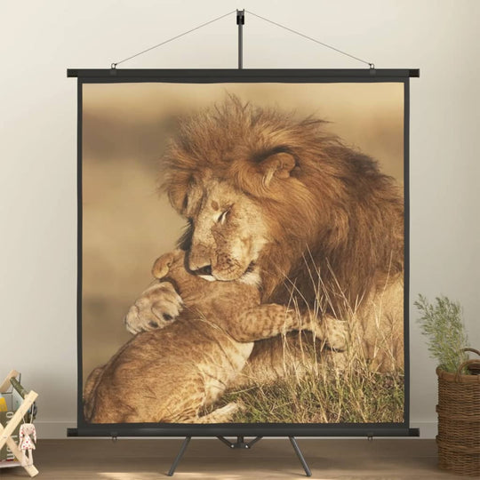 Projection screen featuring a lion and cub embracing in a grassy setting, perfect for presentations or home viewing.