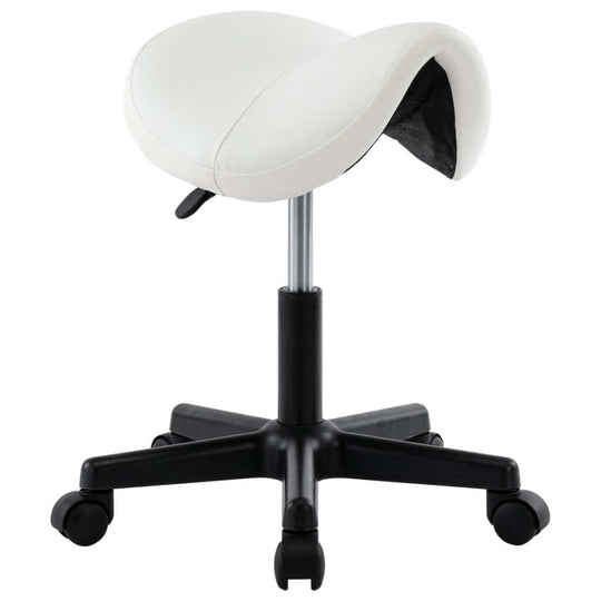 Stylish white faux leather work stool with adjustable height and saddle shape for better sitting posture and comfort.