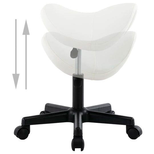 Adjustable white faux leather work stool on rolling base, ideal for stylish and functional seating in any workspace.