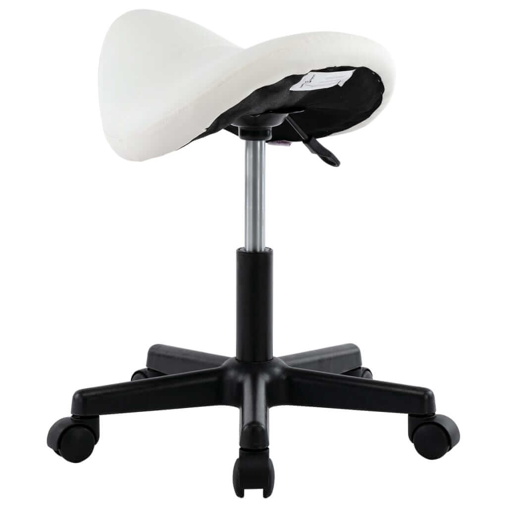 Stylish work stool in white faux leather with height-adjustable design and black rolling base for flexibility. Ideal for home and office.