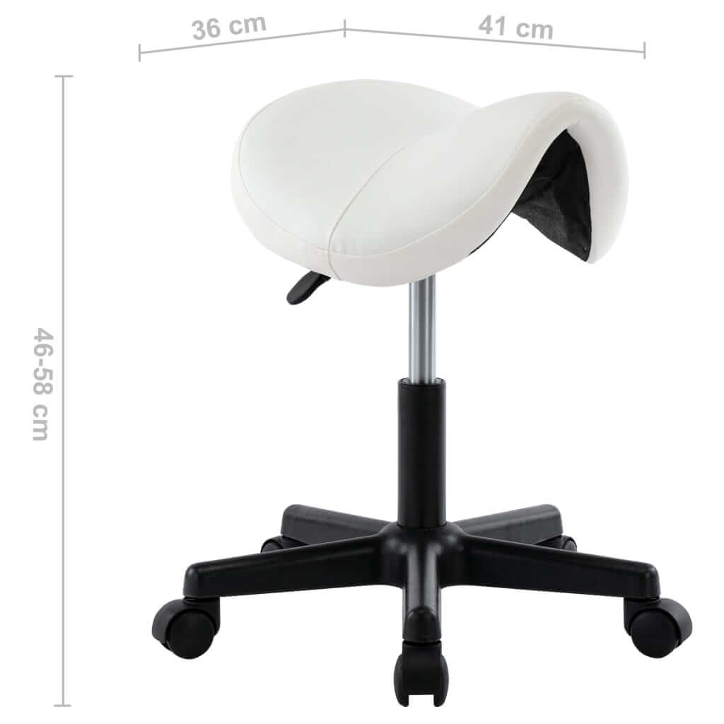 White faux leather work stool with adjustable height and saddle shape, ideal for comfort and flexibility in any workspace.